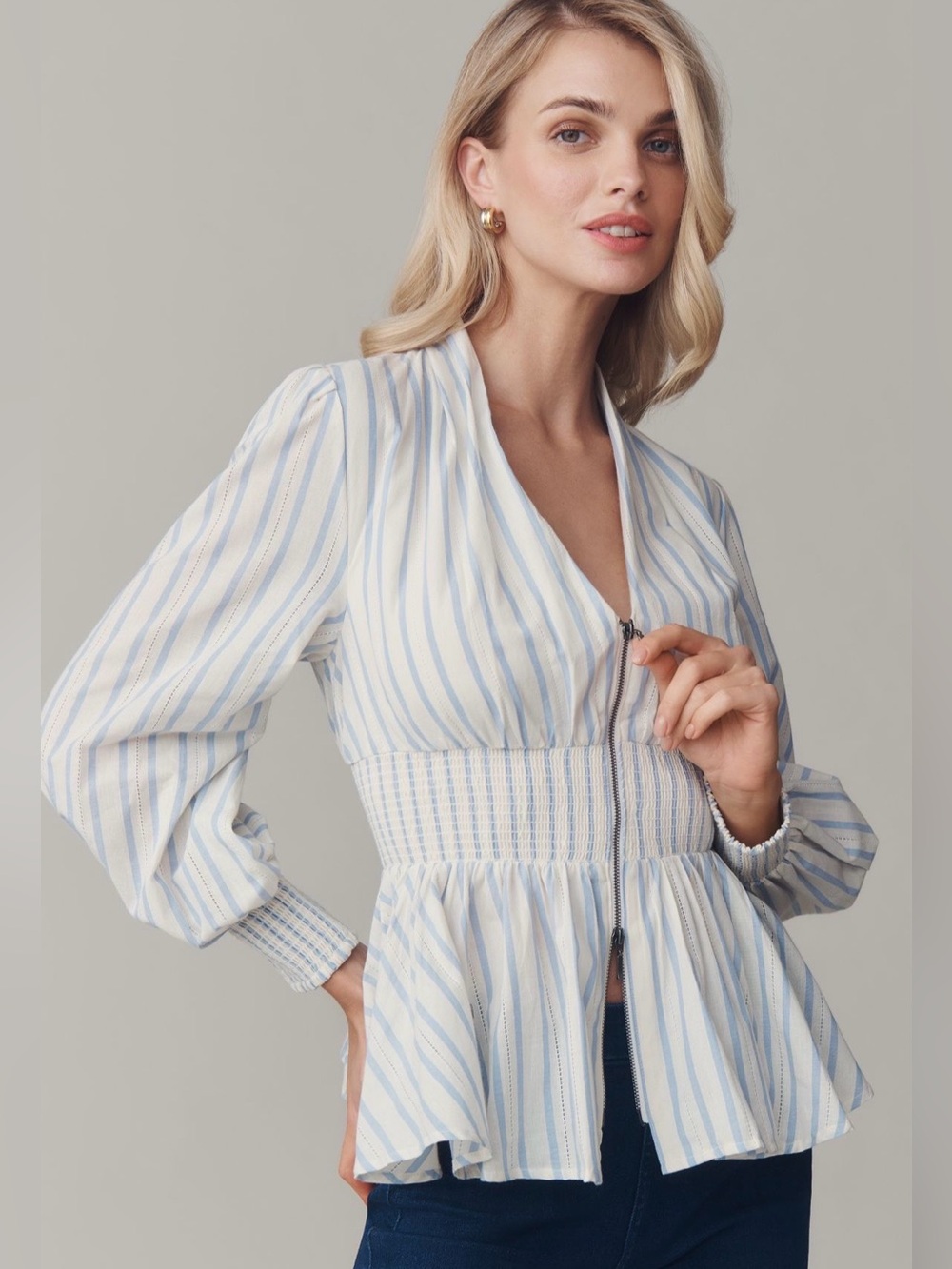 Anthropologie Tommie Long-Sleeve Smocked Front Zip Blouse